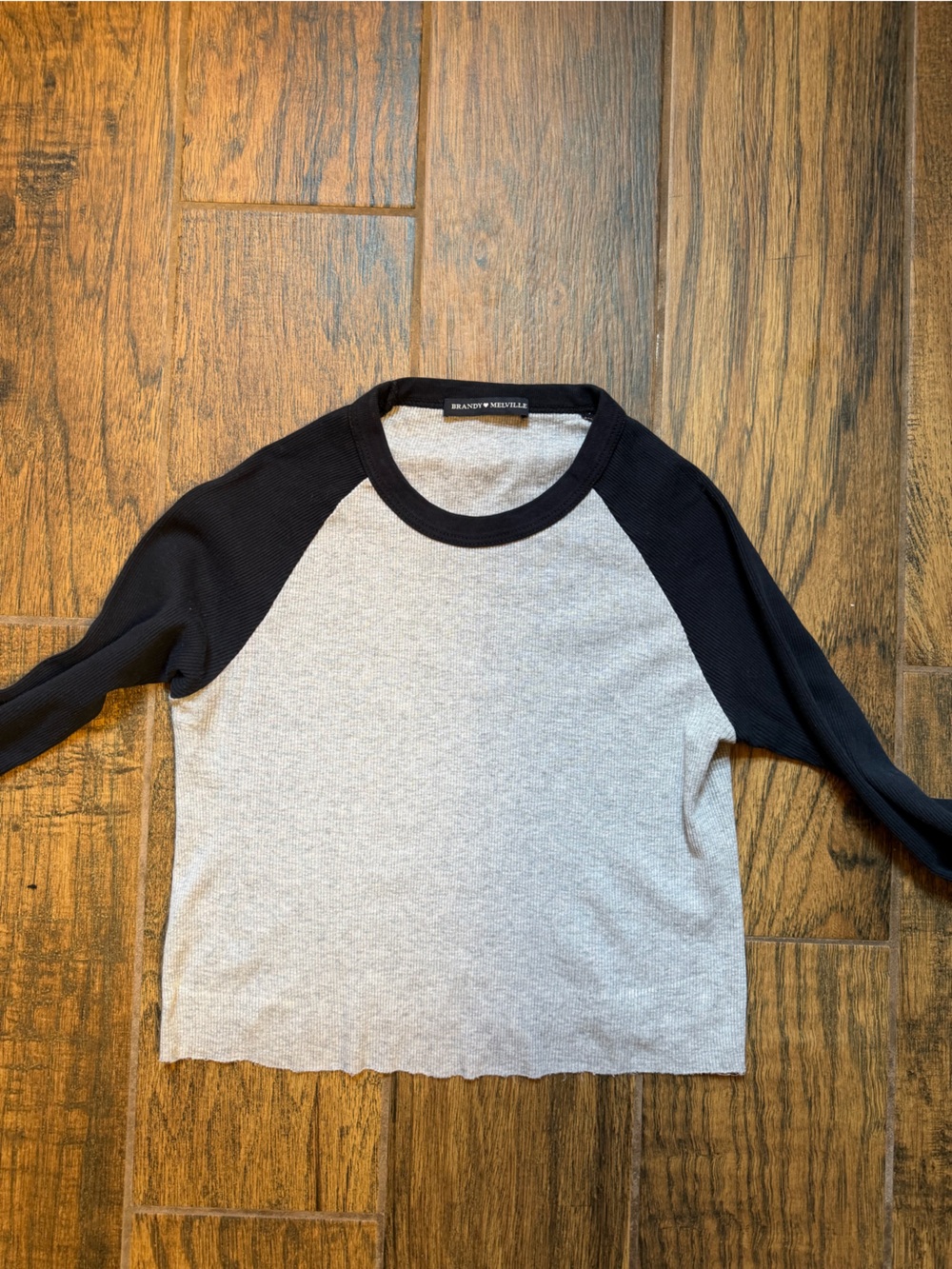 Brandy Melville Grey Body with Black Raglan Sleeve Crop Top